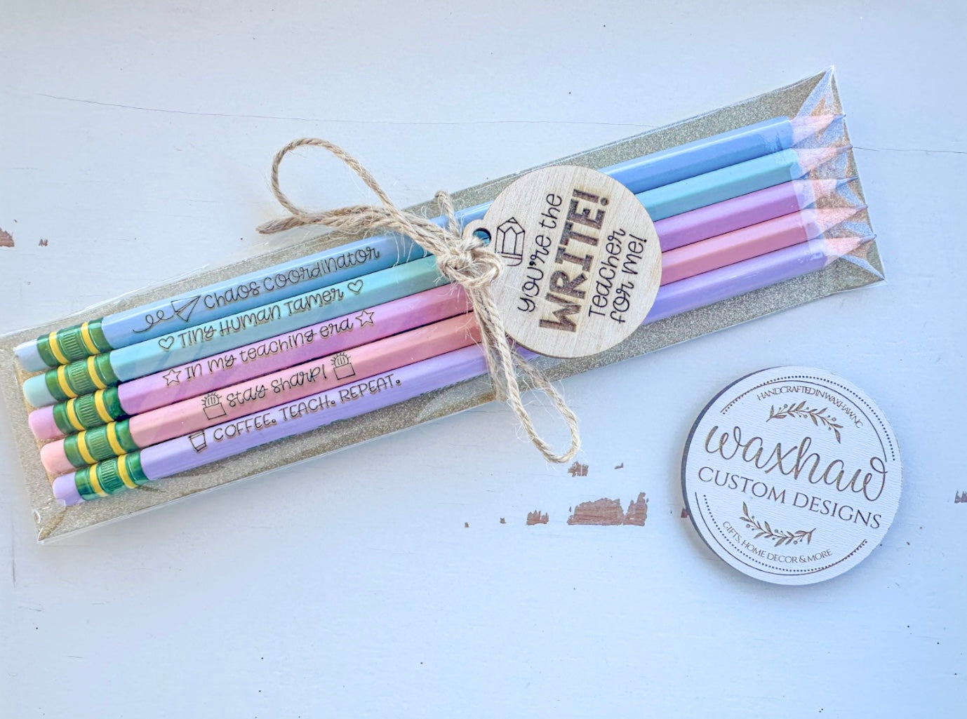 Teacher- 5 pencils giftwrapped with wood tag