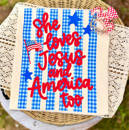 SHE LOVES JESUS AND AMERICA TOO -TEES/TANKS/SWEATSHIRT