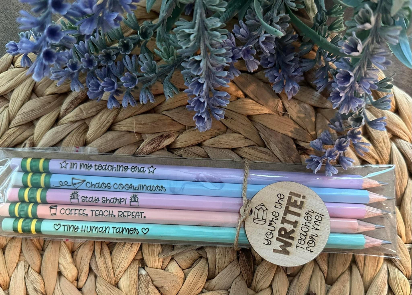 5 pencils giftwrapped with wood tag