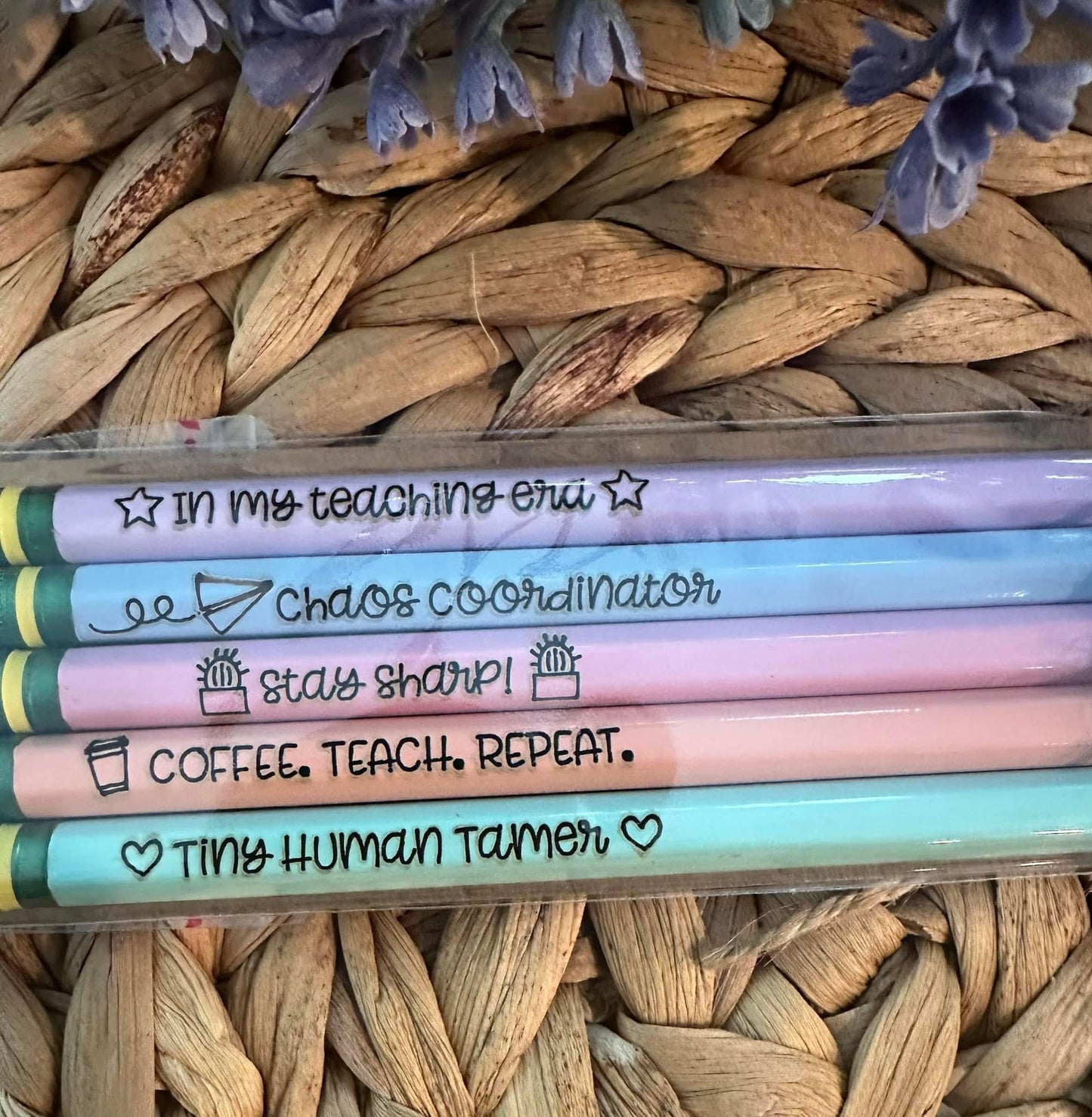 5 pencils giftwrapped with wood tag