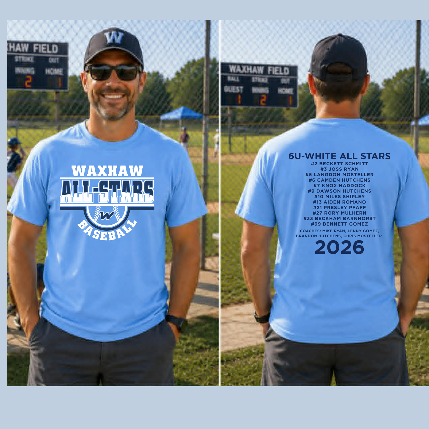 6U- WHITE --WAXHAW BASEBALL- ALL STARS T-SHIRT WITH TEAM ROSTER