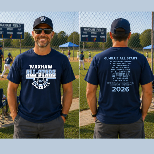 6U- BLUE--WAXHAW BASEBALL- ALL STARS T-SHIRT WITH TEAM ROSTER