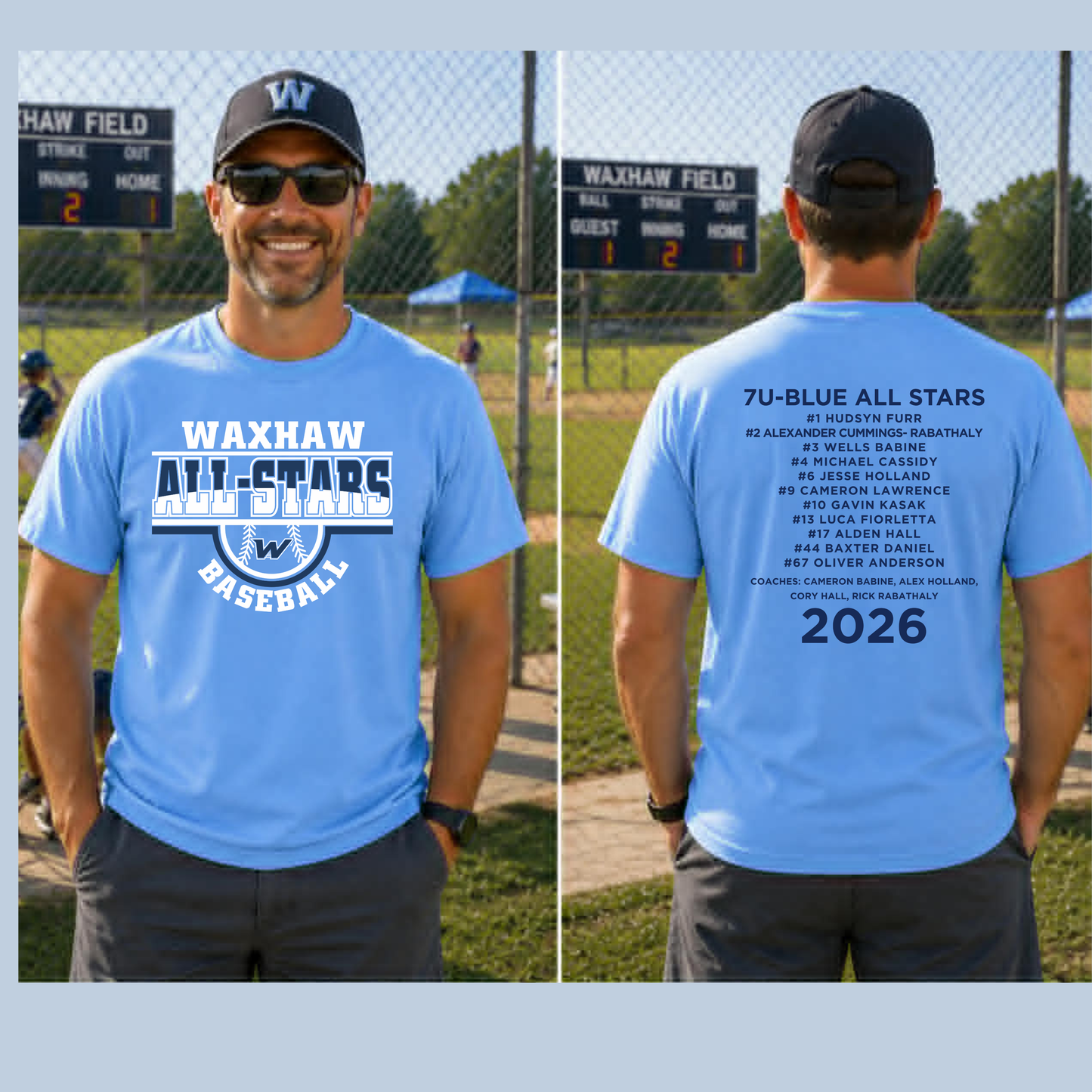 7U- BLUE--WAXHAW BASEBALL- ALL STARS T-SHIRT WITH TEAM ROSTER