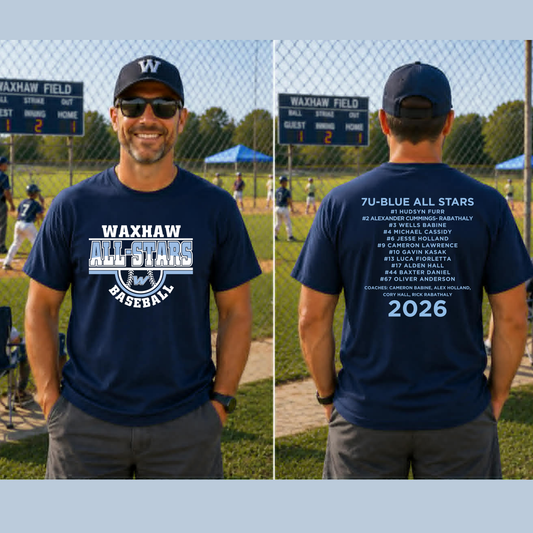 7U- BLUE--WAXHAW BASEBALL- ALL STARS T-SHIRT WITH TEAM ROSTER