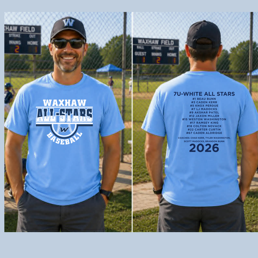 7U- WHITE--WAXHAW BASEBALL- ALL STARS T-SHIRT WITH TEAM ROSTER