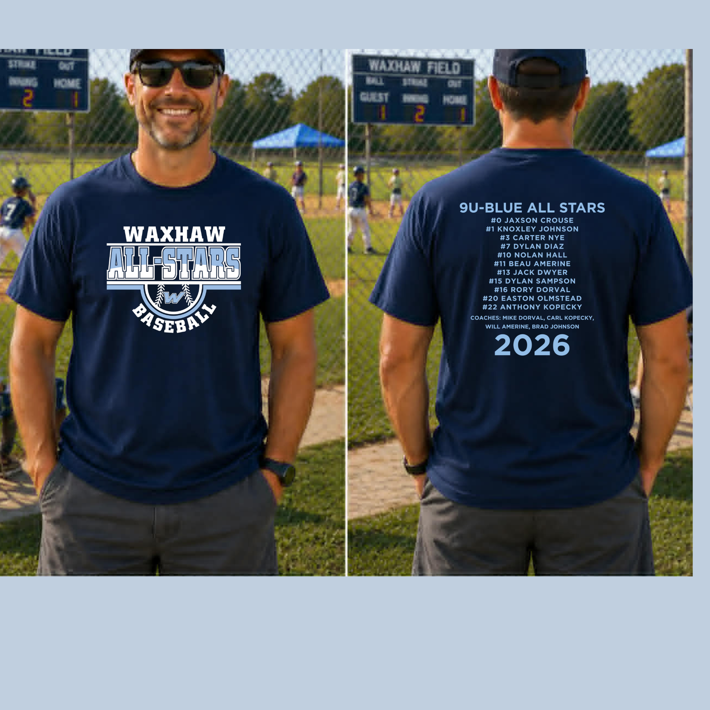 9U- BLUE--WAXHAW BASEBALL- ALL STARS T-SHIRT WITH TEAM ROSTER
