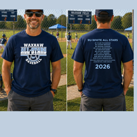 9U- WHITE--WAXHAW BASEBALL- ALL STARS T-SHIRT WITH TEAM ROSTER