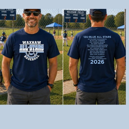 12U- BLUE--WAXHAW BASEBALL- ALL STARS T-SHIRT WITH TEAM ROSTER