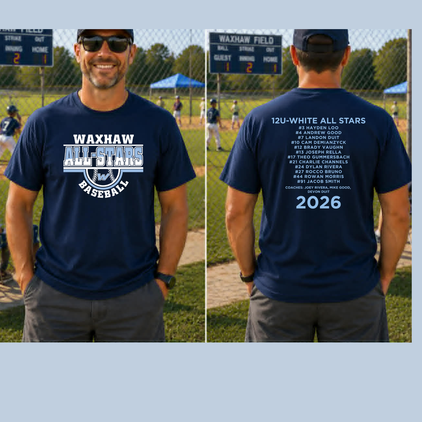 12U- WHITE--WAXHAW BASEBALL- ALL STARS T-SHIRT WITH TEAM ROSTER