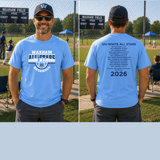 12U- WHITE--WAXHAW BASEBALL- ALL STARS T-SHIRT WITH TEAM ROSTER